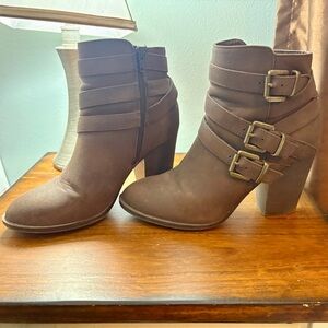 JustFab Brown Heeled Boots with Buckle Detail